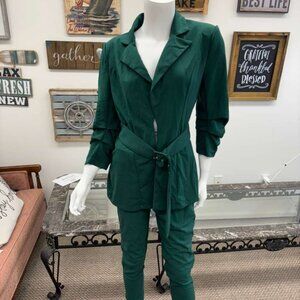 Green Belted Blazer & Pants Set